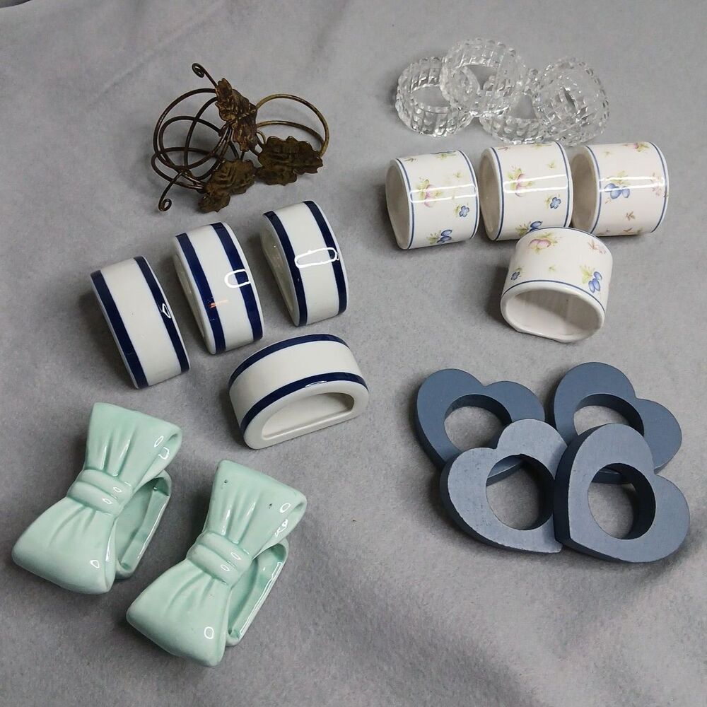 Set of 21 Napkin Rings Assorted Retro Vintage Wooden Ceramic Metal Glass